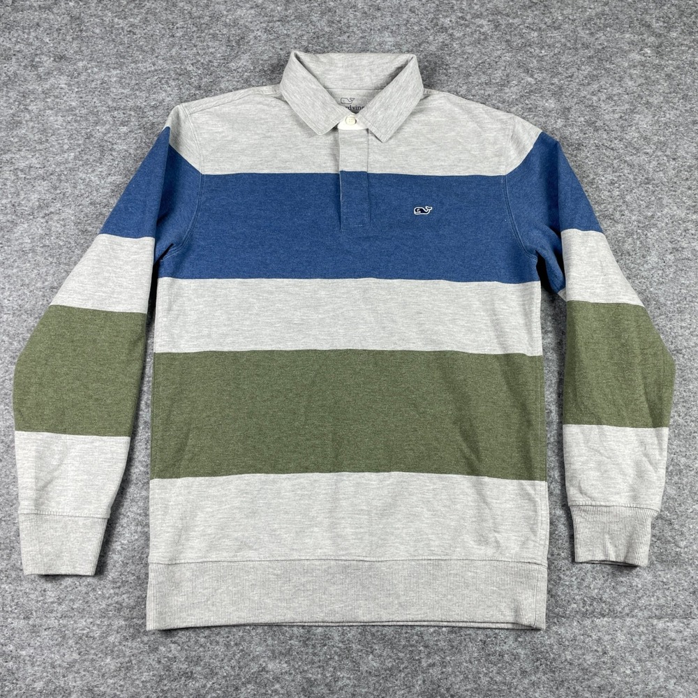 Vineyard Vines Polo Shirt Mens S Grey Blue Green Striped Long Sleeve Preppy